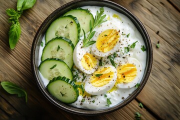 A delicious bowl of yogurt topped with sliced cucumbers and soft-boiled eggs, garnished with herbs.