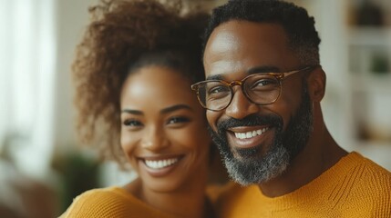 Cross-cultural couple laughing while dancing, in a sleek white living room, with a soft-focus background, natural light, playful setting.