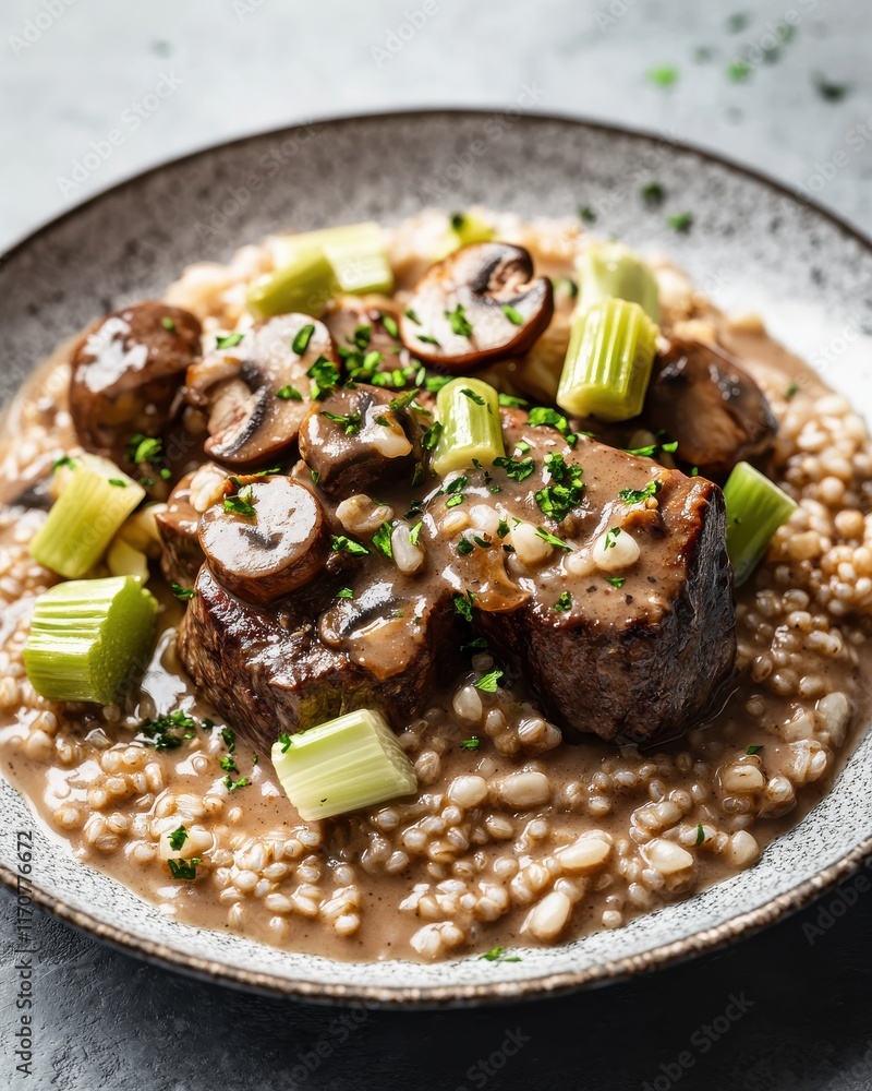 Canvas Prints Delicious plate of tender beef with mushrooms and celery, served over a bed of creamy barley.