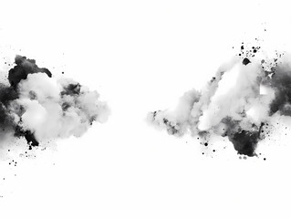 Obraz premium Abstract grayscale artwork featuring two distinct cloud-like forms, one darker and more defined, the other lighter and more diffuse, set against a stark white background.