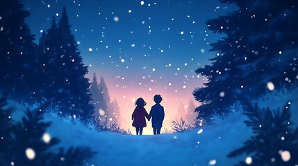 anime couple walking through snowy landscape holding hands