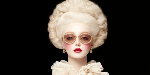 Naklejka premium A Vision of Refined Elegance: A woman with a perfectly styled blonde wig and delicate makeup gazes directly at the camera, radiating an air of sophistication and timeless beauty. Her round.