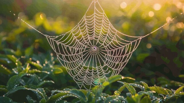Dew covered spider web with rainbow droplets in morning light - Powered by Adobe