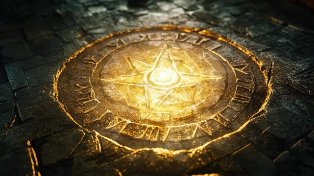 Golden Compass Emblem with Dynamic Lighting on Stone Floor