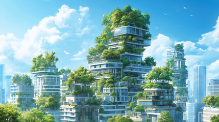 Obraz premium Illustration of a city where the buildings are covered with like plants