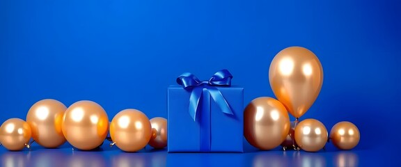 Valentines day Background banner with royal blue gift box and champagne gold balloons, , romantic, bold and elegant theme.