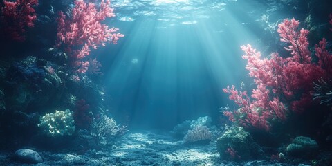 Underwater Scene with Pink Coral and Sunbeams