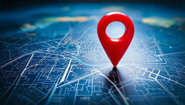 A vibrant red location pin stands out against a detailed, stylized city map.  Perfect for illustrating navigation, GPS, location services, travel, or urban planning concepts.