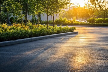 Obraz premium Empty street garden at and tarmac floor. sunrise. 