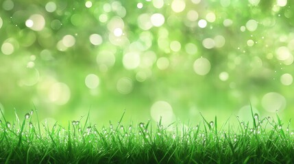 Obraz premium Dewdrops on Lush Green Grass with Soft Bokeh Background - Spring Nature Photography