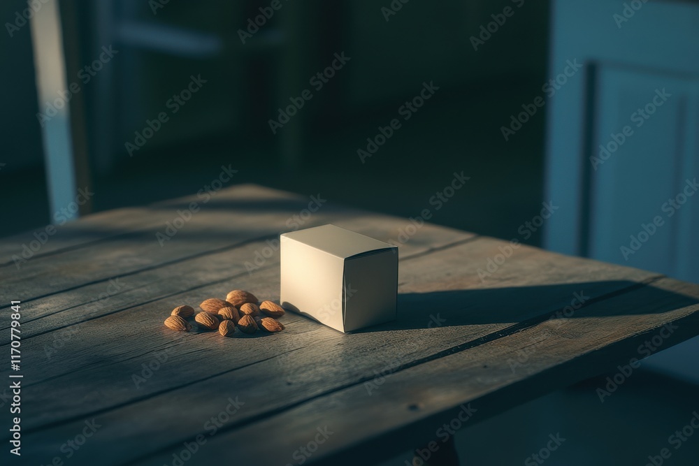 Poster minimalist still life featuring a small box and almonds on a rustic wooden table in soft natural lig