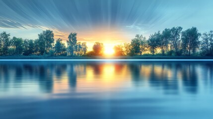 Fototapeta premium Tranquil Sunset: Serene Lake Reflections and Silhouetted Trees