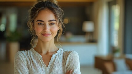 Joyful woman posing with arms crossed, in a fresh home setting, blurred background with modern furniture, bright and airy, positive energy.
