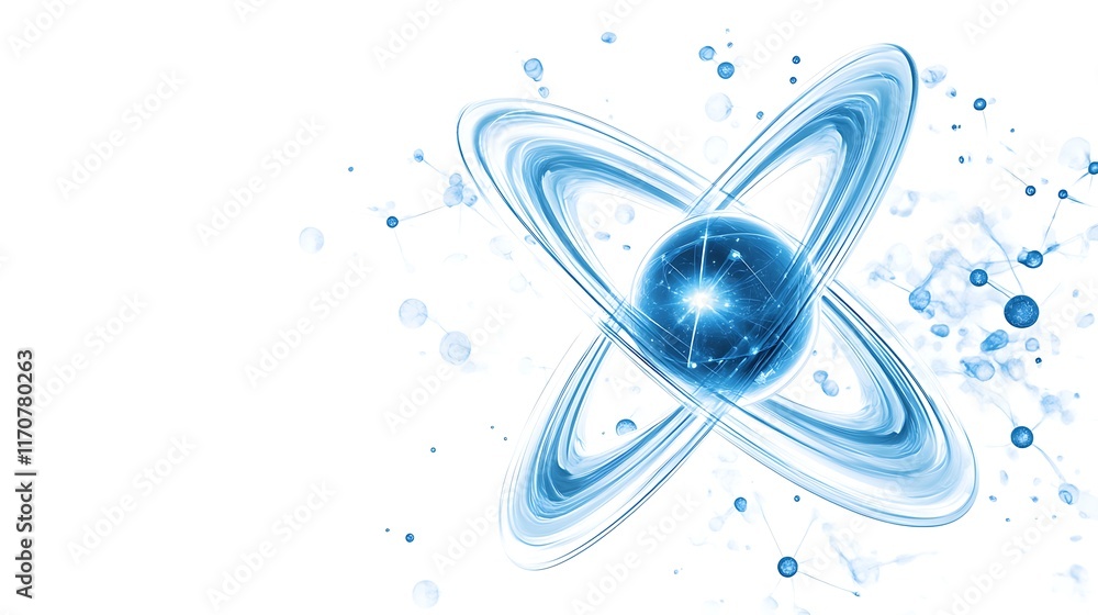 Poster abstract representation of an atom with blue tones and digital elements.