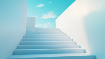 Fototapeta premium Abstract stairway ascending to a bright sky, featuring a pathway of steps against a light-blue backdrop.