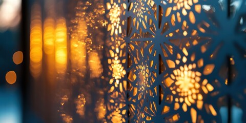 Illuminated Intricate Metalwork Abstract Background of Ornate Cutout Pattern with Warm Light.