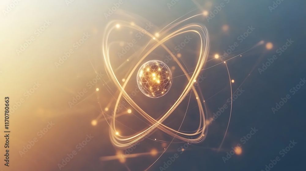 Poster an artistic representation of an atom, illustrating atomic structure and energy.