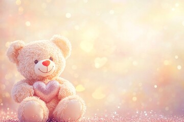 Fototapeta premium A cute vector background featuring a teddy bear holding a heart, positioned in the corner, with ample space for text on a soft gradient backdrop.