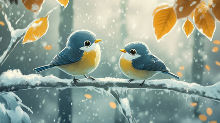  "Winter Perch: Tit and Sneer Birds on Snowy Branches"

