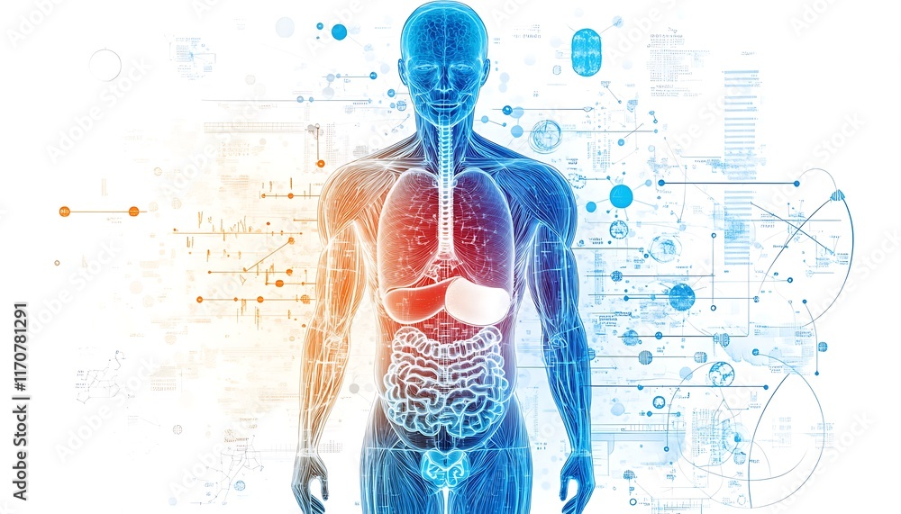 Poster digital illustration of the human body with highlighted organs and data graphics.