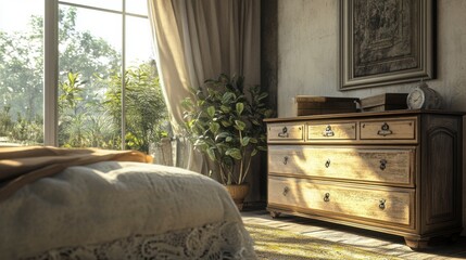 Cozy and Bright Bedroom Interior Featuring Wooden Dresser, Soft Textiles, potted Plant, Natural Light, and Decorative Artwork for Relaxation and Comfort