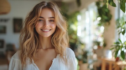 Smiling woman standing confidently, in a bright new home, soft-focus background of cozy furnishings, natural light, inviting atmosphere.