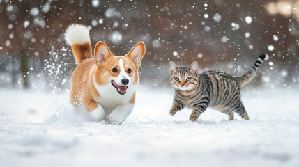  "Winter Dash: A Corgi and Striped Cat's Snowy Adventure"

