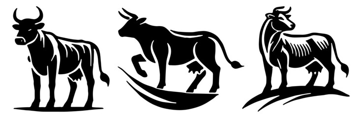 Cow Icon Set in Silhouette Style Flat Vector Illustration