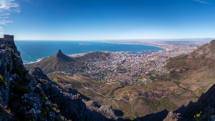 Beautiful panorama view at day from Table Mountain to Lion's Head and Harbor in Cape Town in South Africa