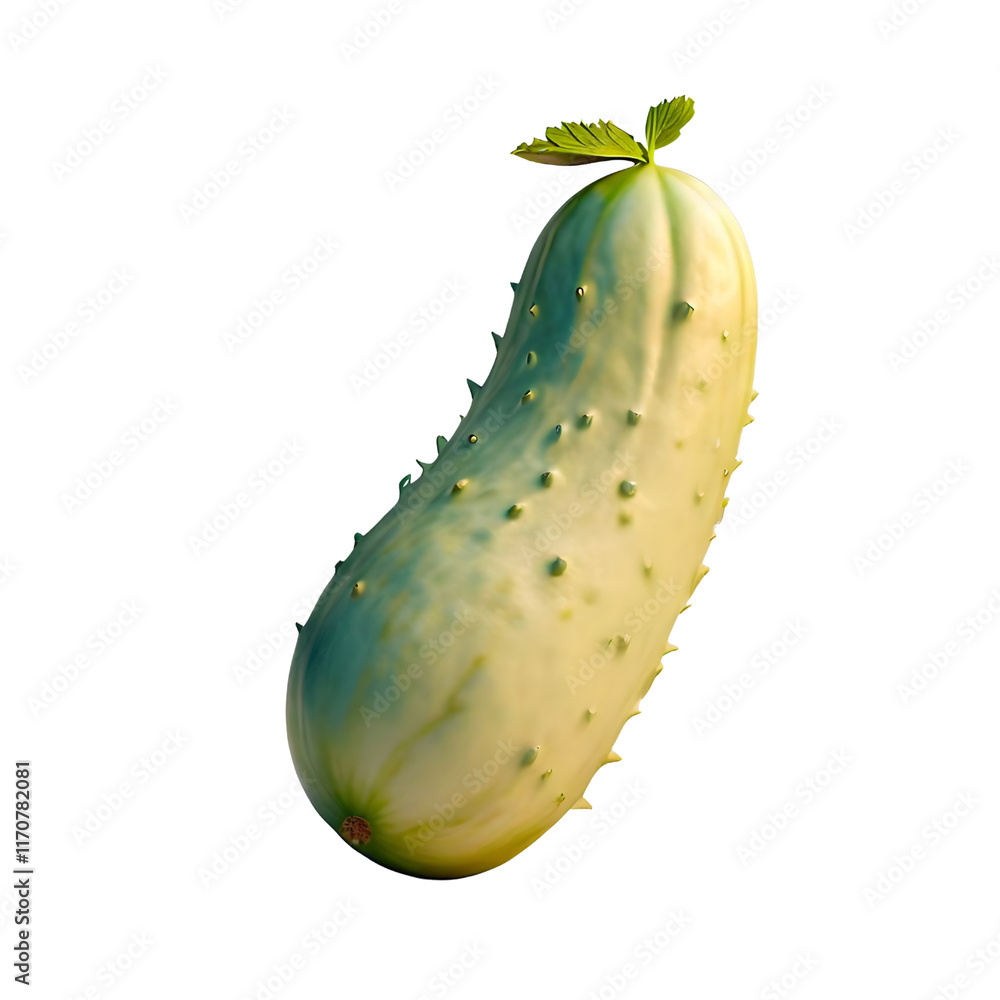 Poster a fresh light green cucumber with a slightly curved shape and small bumps topped with a small leaf