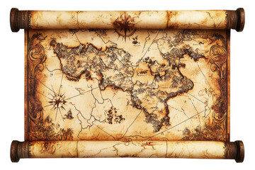 An aged, detailed map featuring intricate lines and markings, showcasing geographic features with decorative scroll edges.