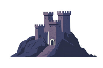 Obraz premium A medieval castle perched on rocky terrain, featuring tall towers and an arched entrance with a staircase leading up to it.