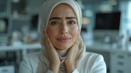 Mid-aged Muslim hijab woman, minimal white office, sitting at desk with neck pain, hands on neck, stretching neck, uncomfortable look, top-down angle, centered shot.