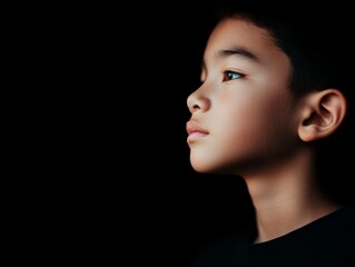 Fototapeta premium Young Boy's Pensive Gaze: A Portrait in Shadows
