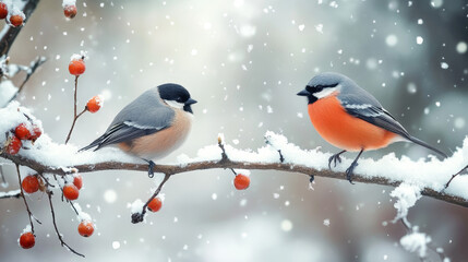 "Winter Harmony: Tit and Bullfinch Perched on Snowy Branches"

