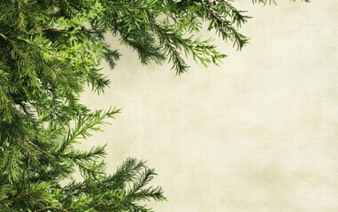 Watercolor Evergreen Branches Frame on Beige Textured Background Elegant Holiday or Nature Design