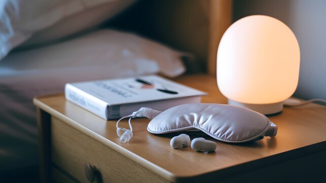 Sleep aid products neatly arranged on a bedside table, promoting relaxation and restful sleep for a peaceful night's slumber.