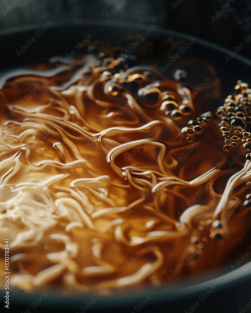 Poster close-up of swirling golden liquid with bubbles, creating a mesmerizing abstract pattern.
