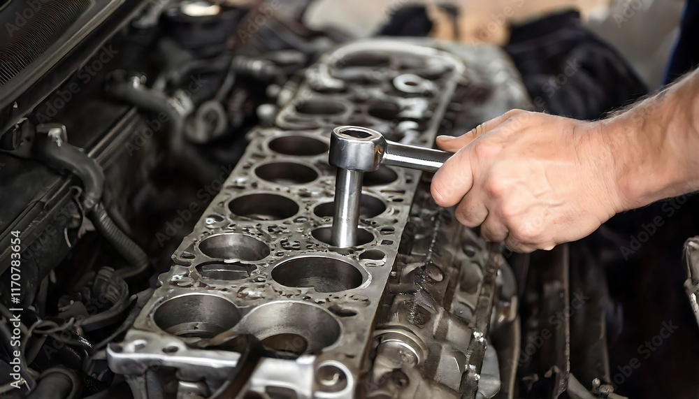Poster close-up of a mechanic's hand using a socket wrench on a car engine block. gritty, detailed image sh