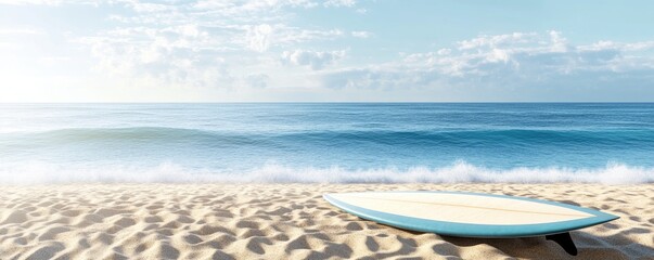 A serene beach scene featuring a surfboard on the sand with calm waves in the background.