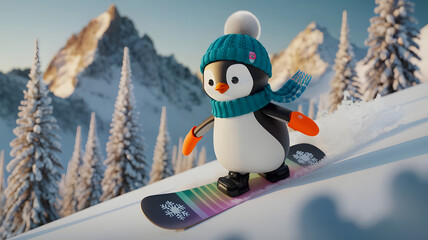 Fototapeta premium cute penguin snowboarding on snow wearing blue hat and scarf , winter games theme , winter holidays 