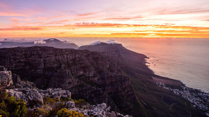 Beautiful view over the mountains and atlantic at sunset from Table Mountain in Cape Town in South Africa