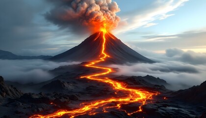 A balance of calm and power as a volcano gracefully transition eruption lava into the high mountain, generated with ai