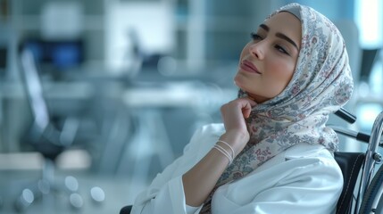 Professional Muslim hijab woman, minimal white workspace, sitting at desk, rubbing neck, pained expression, side angle, focused shot.