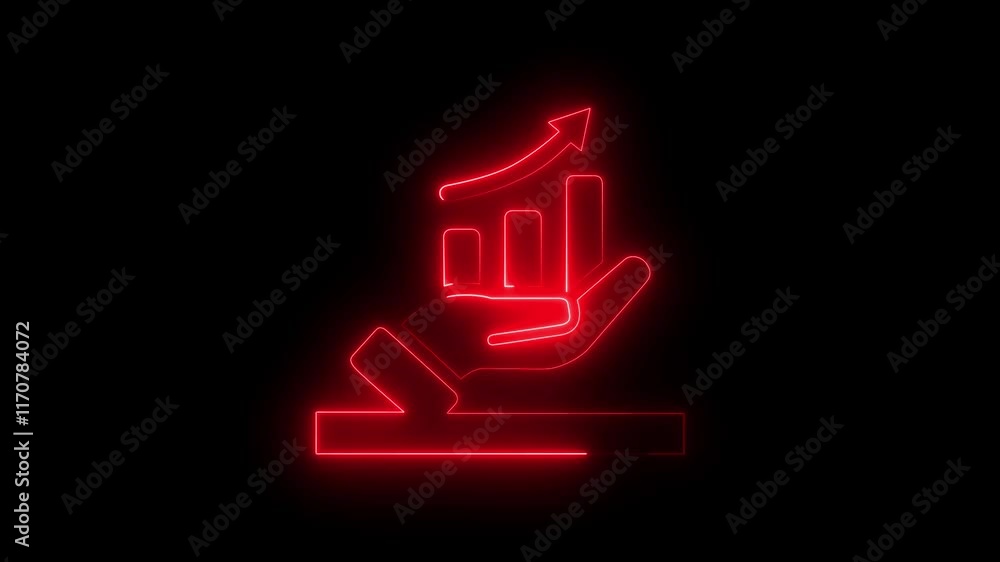 Poster glowing neon hand with graph icon on black background in red color.