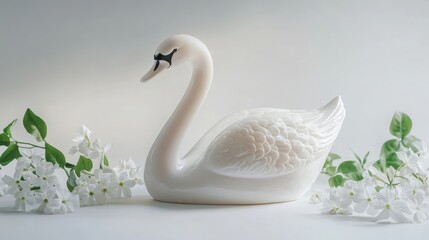 Obraz premium Elegant white swan figurine with jasmine flowers. Soft lighting, serene atmosphere.