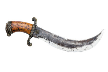 Obraz premium A curved blade with an ornate handle, designed for cutting, featuring a mix of aged metal and polished wood.