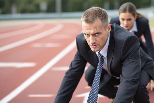 Two business professionals in suits crouch at a starting line on a track, symbolizing competition and ambition in a corporate setting. Ai generative