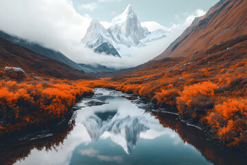 Serene autumnal mountain landscape; a tranquil stream reflects a majestic snow-capped peak, vibrant orange foliage lines the banks.