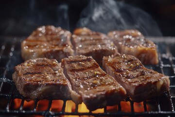 Juicy grilled steak slices sizzling on the barbecue, surrounded by aromatic smoke.